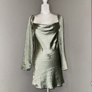 Princess Polly Maia Long Sleeve Mini Dress Women's 6 Sage Green Cowl Neck